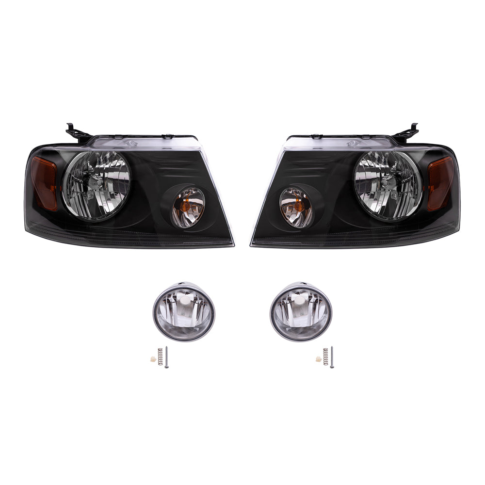 Brock Aftermarket Replacement Driver Left Passenger Right Headlights with Shadow Gray Bezel and Round Fog Lights 4 Piece Set Compatible with 2006-2008 Ford F-1500