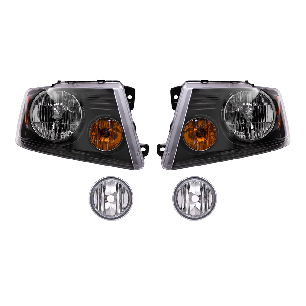 Brock Aftermarket Replacement Driver Left Passenger Right Headlights with Shadow Gray Bezel and Round Fog Lights 4 Piece Set Compatible with 2006-2008 Ford F-1500