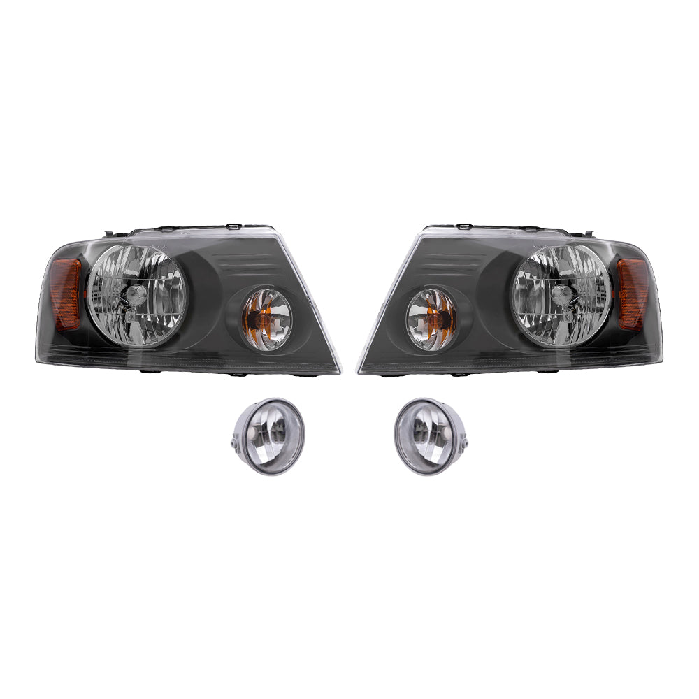 Brock Aftermarket Replacement Driver Left Passenger Right Headlights with Shadow Gray Bezel and Round Fog Lights 4 Piece Set Compatible with 2006-2008 Ford F-1500