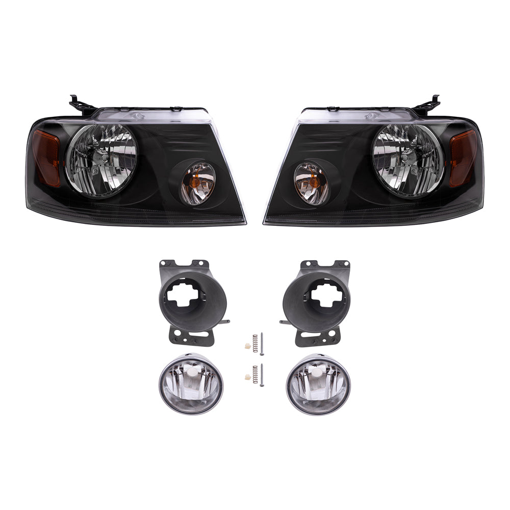 Brock Aftermarket Replacement Driver Left Passenger Right Headlights Shadow Gray Black Bezel-Round Fog Lights-Mounting Brackets 6 Piece Set Compatible with 2006-2008 Ford F-150