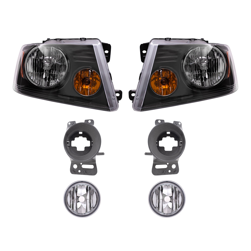 Brock Aftermarket Replacement Driver Left Passenger Right Headlights Shadow Gray Black Bezel-Round Fog Lights-Mounting Brackets 6 Piece Set Compatible with 2006-2008 Ford F-150