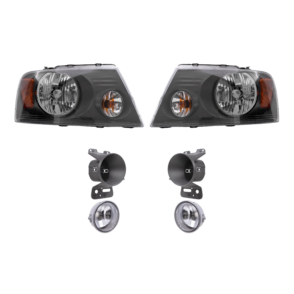 Brock Aftermarket Replacement Driver Left Passenger Right Headlights Shadow Gray Black Bezel-Round Fog Lights-Mounting Brackets 6 Piece Set Compatible with 2006-2008 Ford F-150