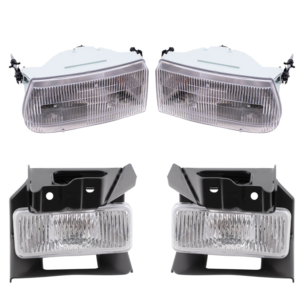 Brock Aftermarket Replacement Driver Left Passenger Right Halogen Headlight And Fog Light With Bracket 4 Piece Set Compatible with 1995-1998 Ford Explorer Except Limited