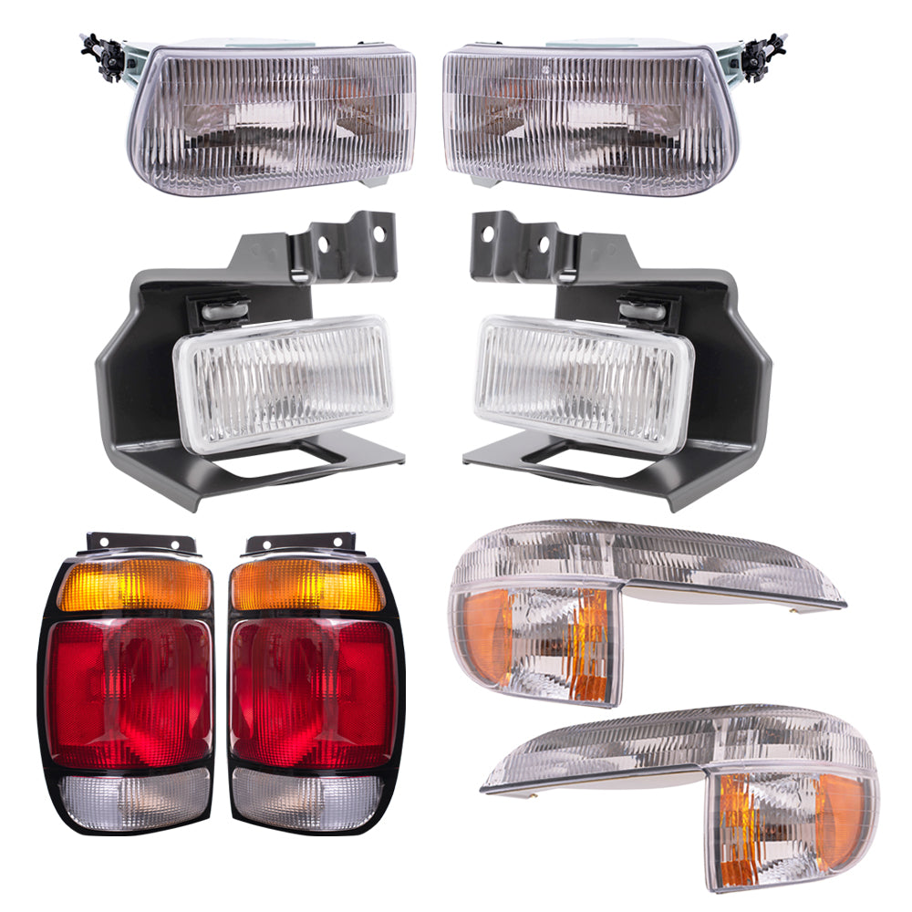 Brock Aftermarket Replacement Driver Left Passenger Right Headlight-Fog Light-Park/Signal/Side Marker Light-Tail Light 8 Piece Set Compatible with 1995-1997 Ford Explorer Except Limited