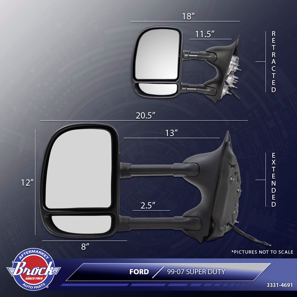 BROCK Drivers Telescopic Tow Power Side View Mirror with Dual Arms Replacement for 1999-2007 F250 Super Duty Pickup Truck 3C3Z 17683 DAA