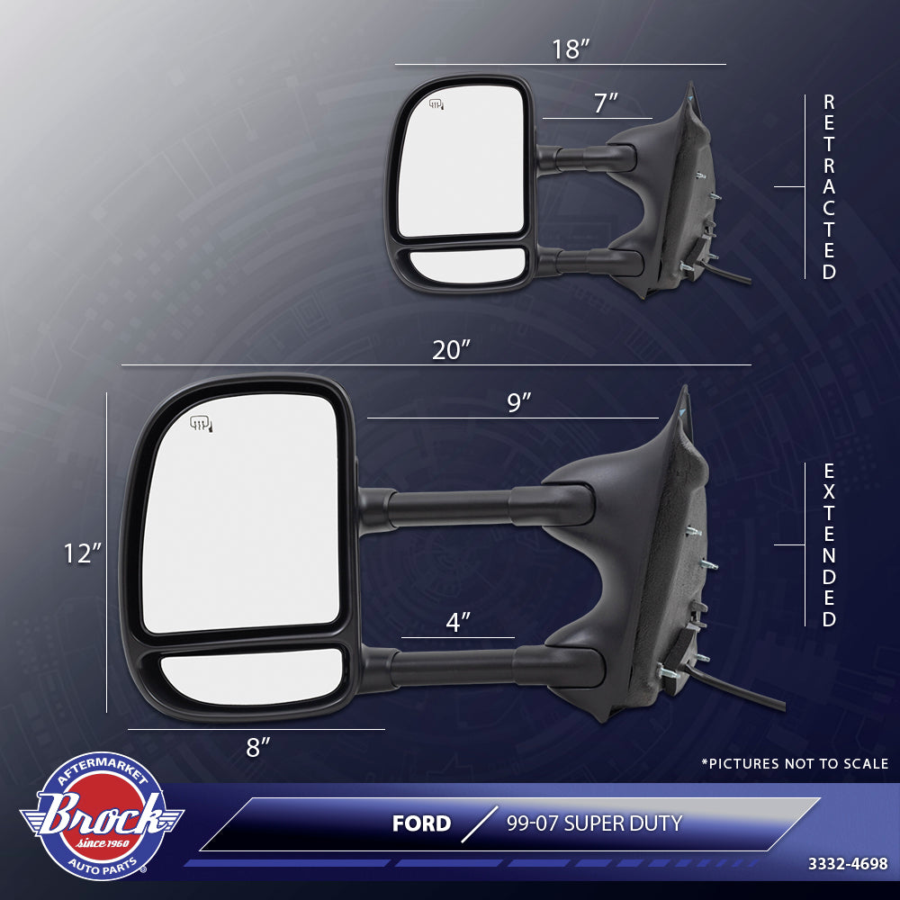 Brock Replacement Set of Telescopic Tow Mirrors Power Heat Double Swing & Adapters Compatible with 1999-2007 F250 F350 F450 F550 Super Duty Pickup Truck