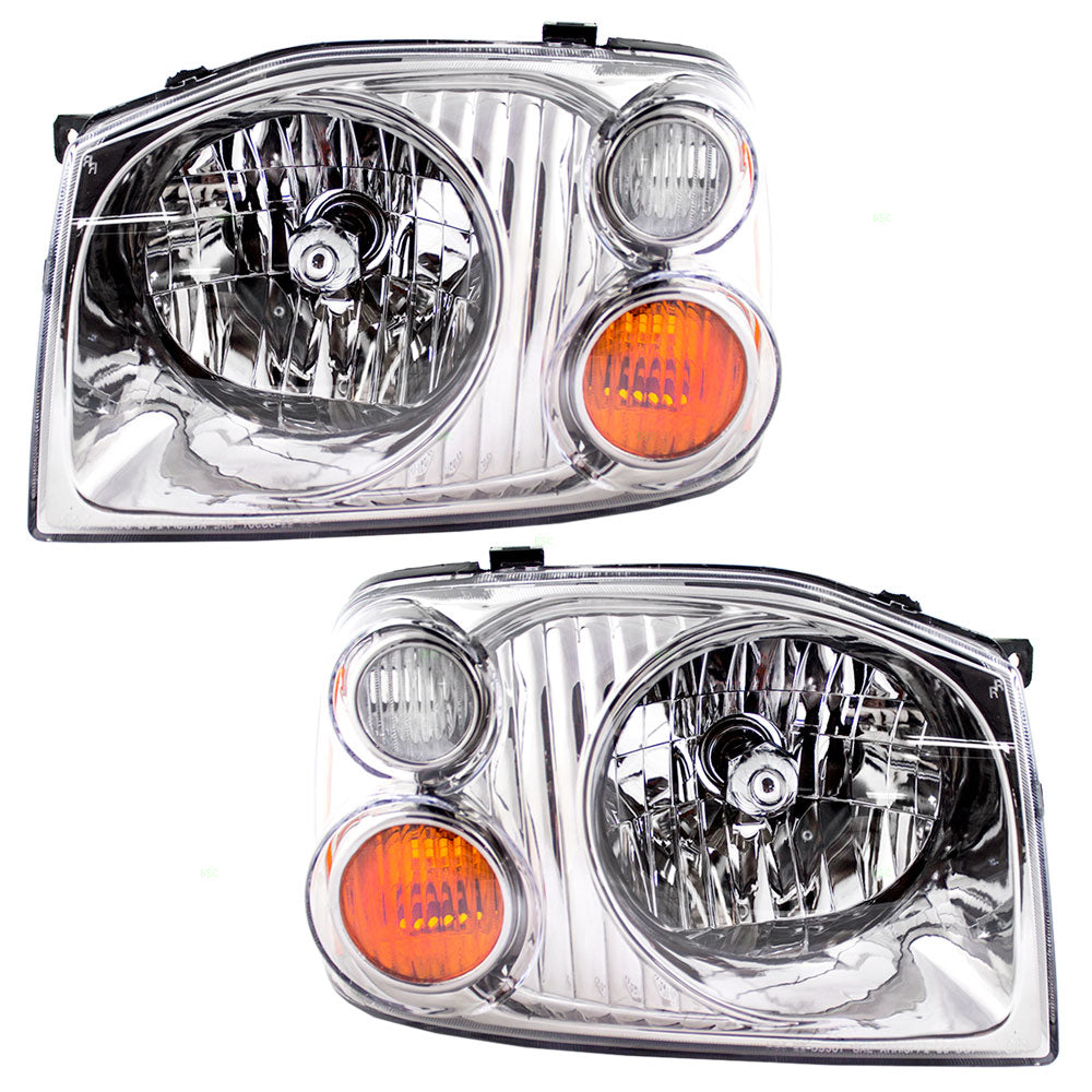 Set of Headlights for 01-04 Nissan Frontier Pickup Truck - Black & Chrome Bezels