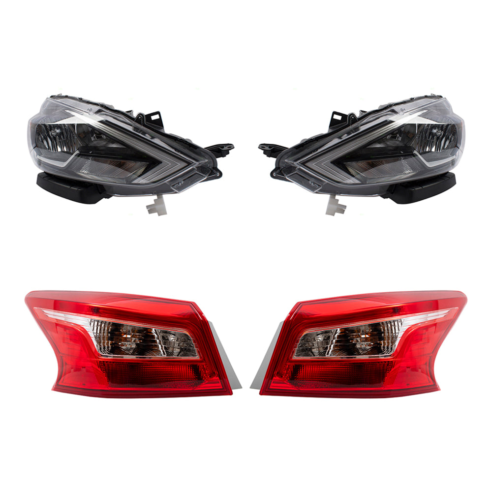 Brock Aftermarket Replacement Driver Left Passenger Right Headlight and Tail Light Assembly 4 Piece Set Compatible With 2016-2019 Nissan Sentra