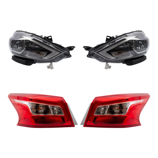 Brock Aftermarket Replacement Driver Left Passenger Right Headlight and Tail Light Assembly 4 Piece Set Compatible With 2016-2019 Nissan Sentra