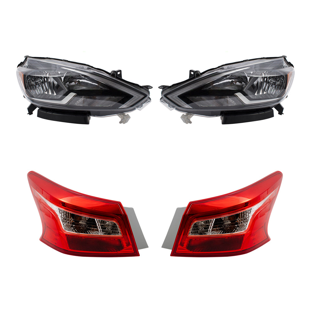 Brock Aftermarket Replacement Driver Left Passenger Right Headlight and Tail Light Assembly 4 Piece Set Compatible With 2016-2019 Nissan Sentra