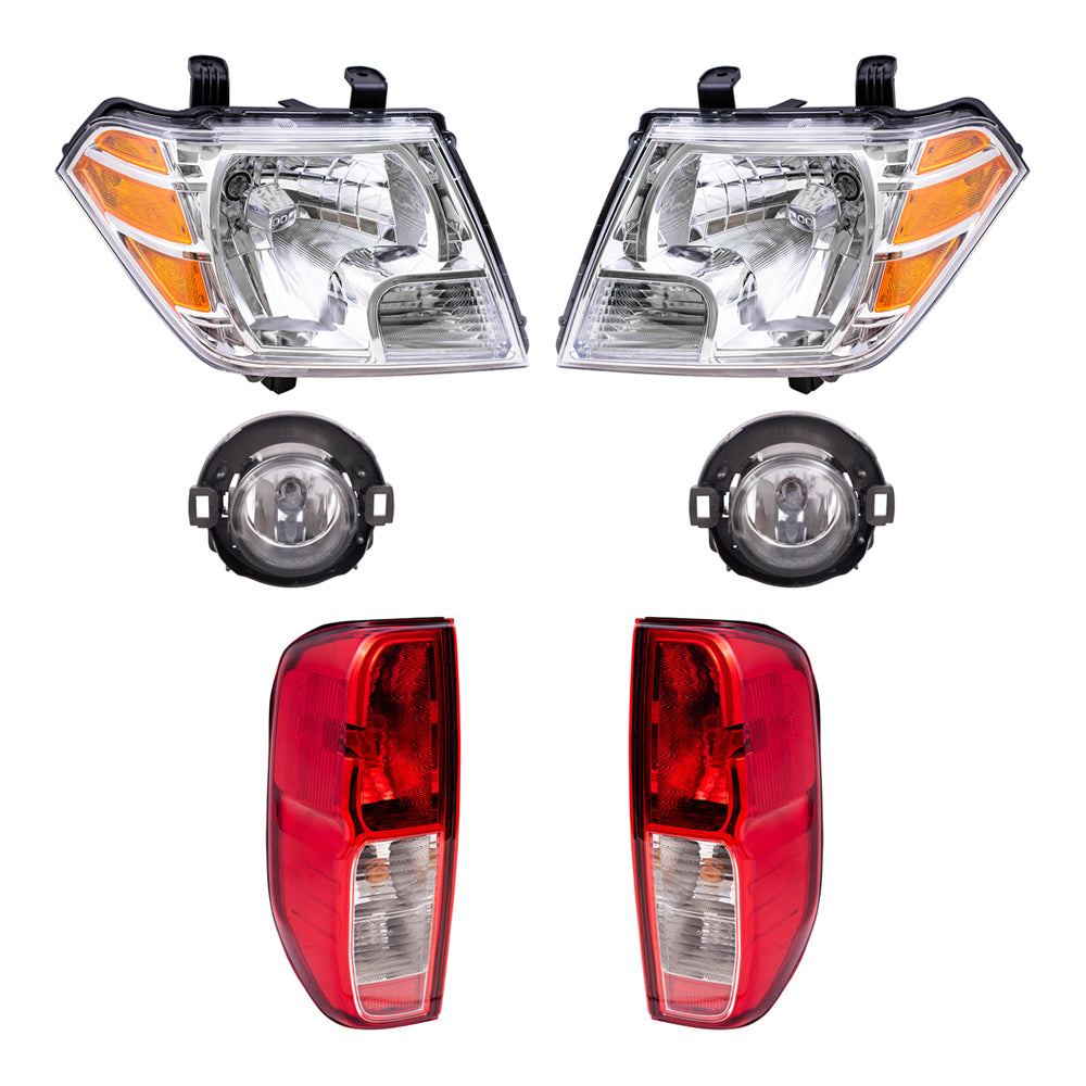 Brock Replacement Driver and Passenger Side Halogen Combination Headlights, Fog Lights and Tail Lights 6 Piece Set Compatible with 2010-2014 Frontier with Plastic Bumper