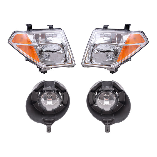 Brock Replacement Driver and Passenger Side Halogen Combination Headlights and Fog Lights 4 Piece Set Compatible with 2005-2008 Frontier with Steel Bumper