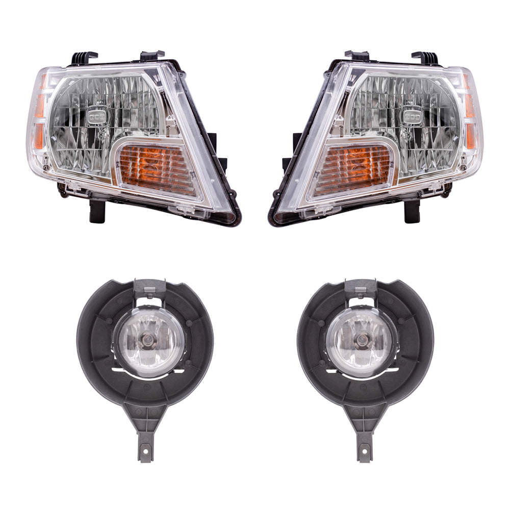 Brock Replacement Driver and Passenger Side Halogen Combination Headlights and Fog Lights 4 Piece Set Compatible with 2009-2019 Frontier with Steel Bumper