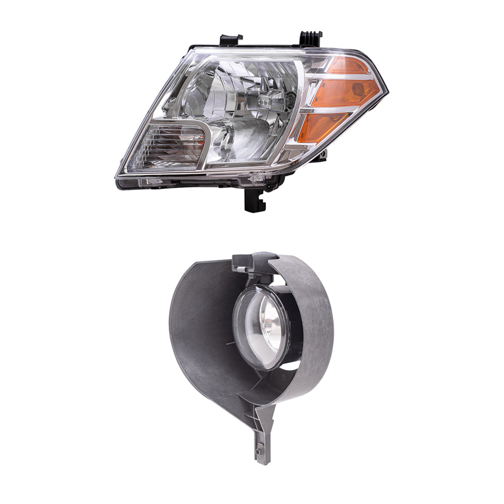 Brock Replacement Driver and Passenger Side Halogen Combination Headlights and Fog Lights 4 Piece Set Compatible with 2009-2019 Frontier with Steel Bumper