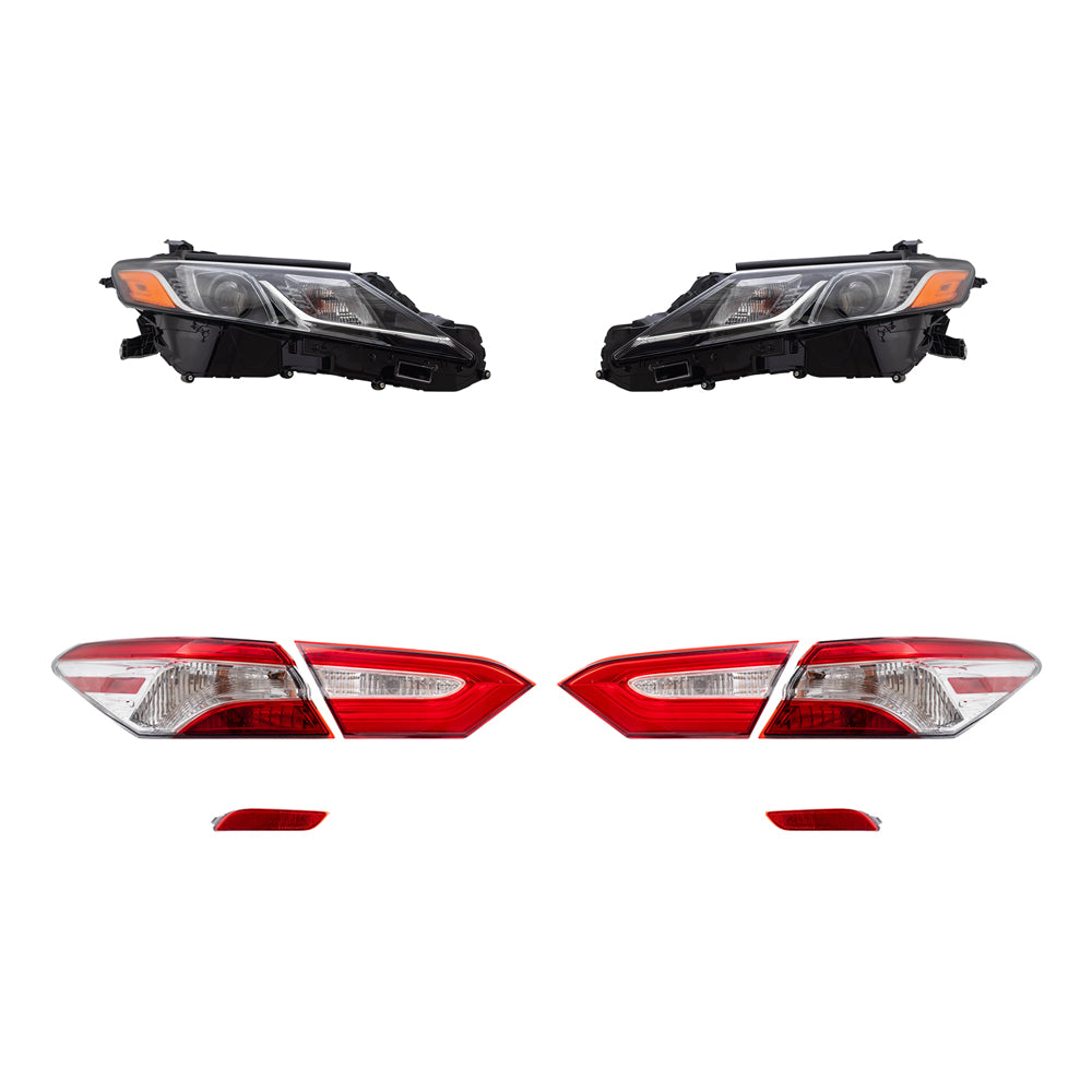 Brock Replacement Driver and Passenger Side Headlights, Tail Lights Quarter Mounted & Lid Mounted, and Bumper Reflectors 8 Piece Set Compatible with 2018 Camry L/LE & 2018 Camry Hybrid LE