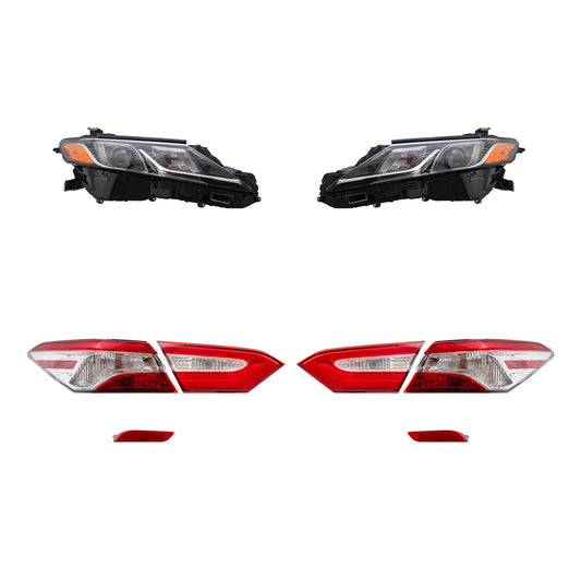 Brock Replacement Driver and Passenger Side Headlights, Tail Lights Quarter Mounted & Lid Mounted, and Bumper Reflectors 8 Piece Set Compatible with 2018 Camry L/LE & 2018 Camry Hybrid LE