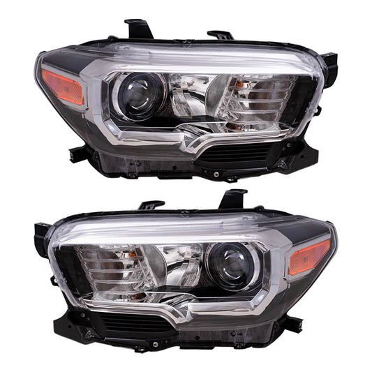 Brock Aftermarket Replacement Driver Left Passenger Right Halogen Combination Headlight Assembly Without LED Daytime Running Light Set Compatible With 2016-2017 Toyota Tacoma Without Fog Lights