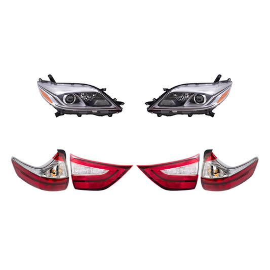 Brock Aftermarket Replacement Part Driver & Passenger Side Headlights w/LED Daytime Running Lights & Tail Lights Quarter & Liftgate Mounted Set Compatible with 2015-2019 Toyota Sienna EXCEPT SE
