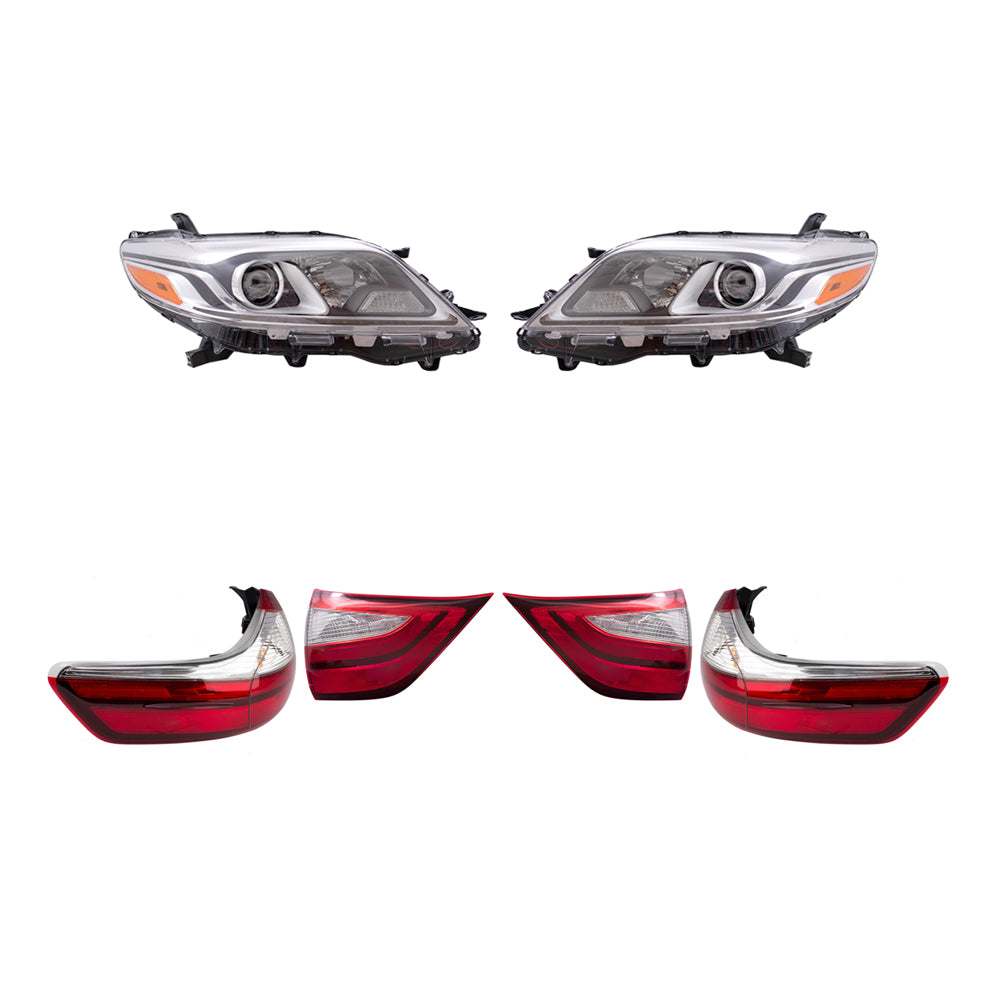 Brock Aftermarket Replacement Part Driver & Passenger Side Headlights w/LED Daytime Running Lights & Tail Lights Quarter & Liftgate Mounted Set Compatible with 2015-2019 Toyota Sienna EXCEPT SE