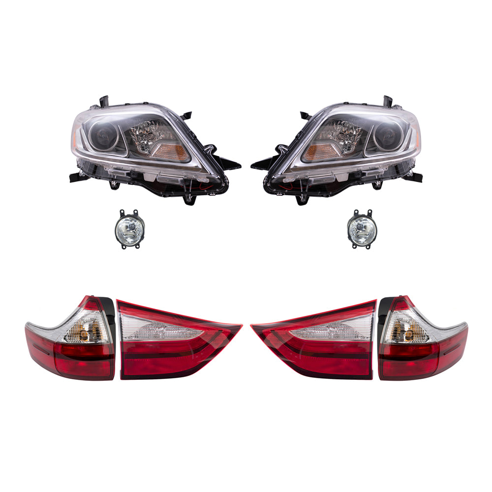 Brock Aftermarket Replacement Part Driver & Passenger Side Headlights w/LED DRLs, Tail Lights Quarter & Liftgate Mounted, & Fog Lights Kit Set Compatible with 2015-2017 Toyota Sienna EXCEPT SE