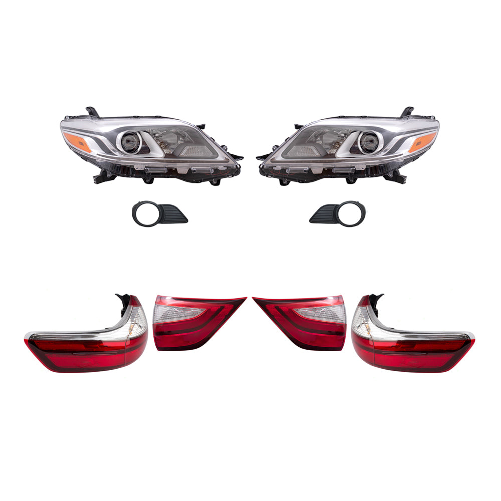 Brock Aftermarket Replacement Part Driver & Passenger Side Headlights w/LED DRLs, Tail Lights Quarter & Liftgate Mounted, & Fog Lights Kit Set Compatible with 2015-2017 Toyota Sienna EXCEPT SE