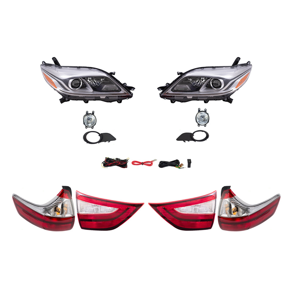 Brock Aftermarket Replacement Part Driver & Passenger Side Headlights w/LED DRLs, Tail Lights Quarter & Liftgate Mounted, & Fog Lights Kit Set Compatible with 2015-2017 Toyota Sienna EXCEPT SE