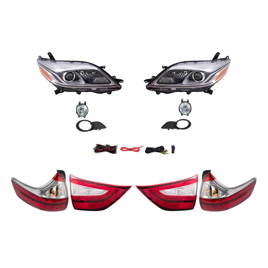 Brock Aftermarket Replacement Part Driver & Passenger Side Headlights w/LED DRLs, Tail Lights Quarter & Liftgate Mounted, & Fog Lights Kit Set Compatible with 2015-2017 Toyota Sienna EXCEPT SE