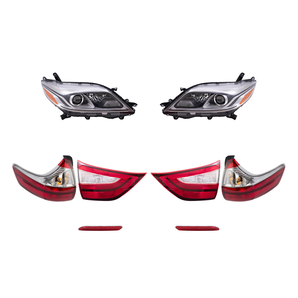 Brock Aftermarket Replacement Part Driver & Passenger Side Headlights w/LED DRLs, Tail Lights Quarter & Liftgate Mounted, & Rear Bumper Reflectors Set Compatible with 2015-2019 Toyota Sienna EXCEPT SE