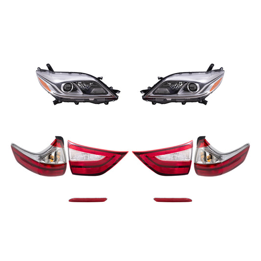 Brock Aftermarket Replacement Part Driver & Passenger Side Headlights w/LED DRLs, Tail Lights Quarter & Liftgate Mounted, & Rear Bumper Reflectors Set Compatible with 2015-2019 Toyota Sienna EXCEPT SE