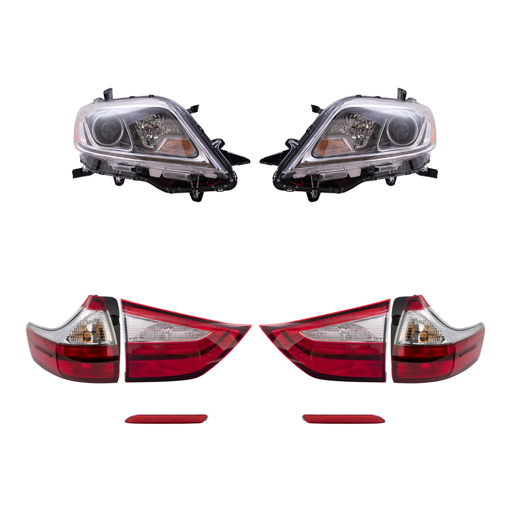 Brock Aftermarket Replacement Part Driver & Passenger Side Headlights w/LED DRLs, Tail Lights Quarter & Liftgate Mounted, & Rear Bumper Reflectors Set Compatible with 2015-2019 Toyota Sienna EXCEPT SE
