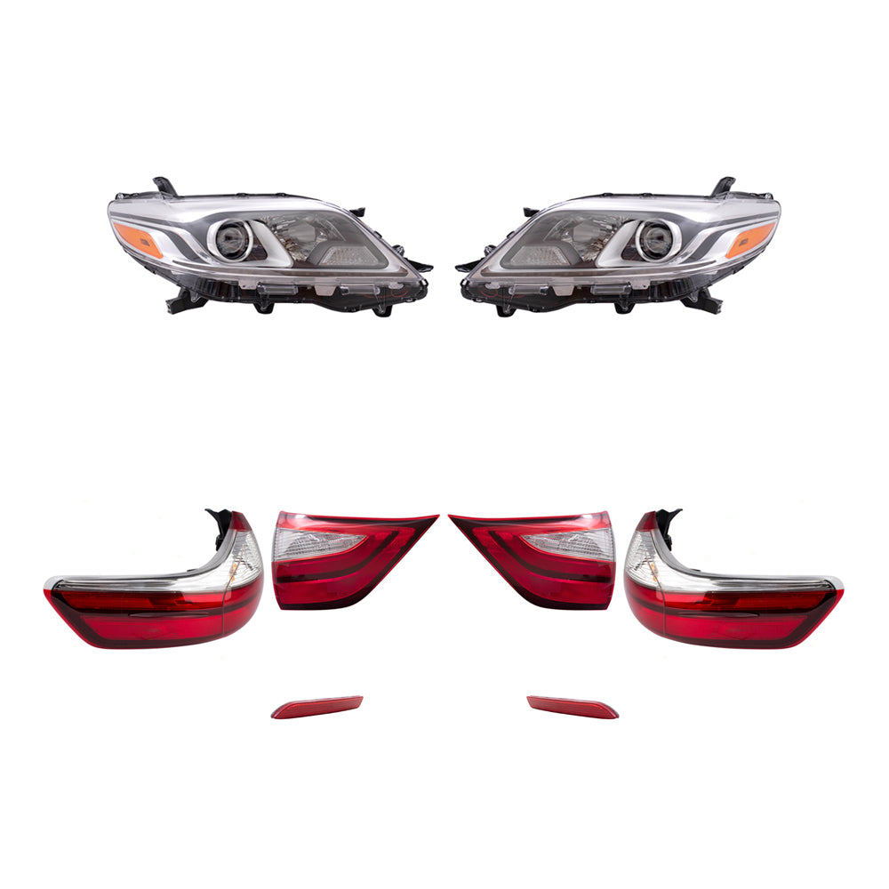 Brock Aftermarket Replacement Part Driver & Passenger Side Headlights w/LED DRLs, Tail Lights Quarter & Liftgate Mounted, & Rear Bumper Reflectors Set Compatible with 2015-2019 Toyota Sienna EXCEPT SE