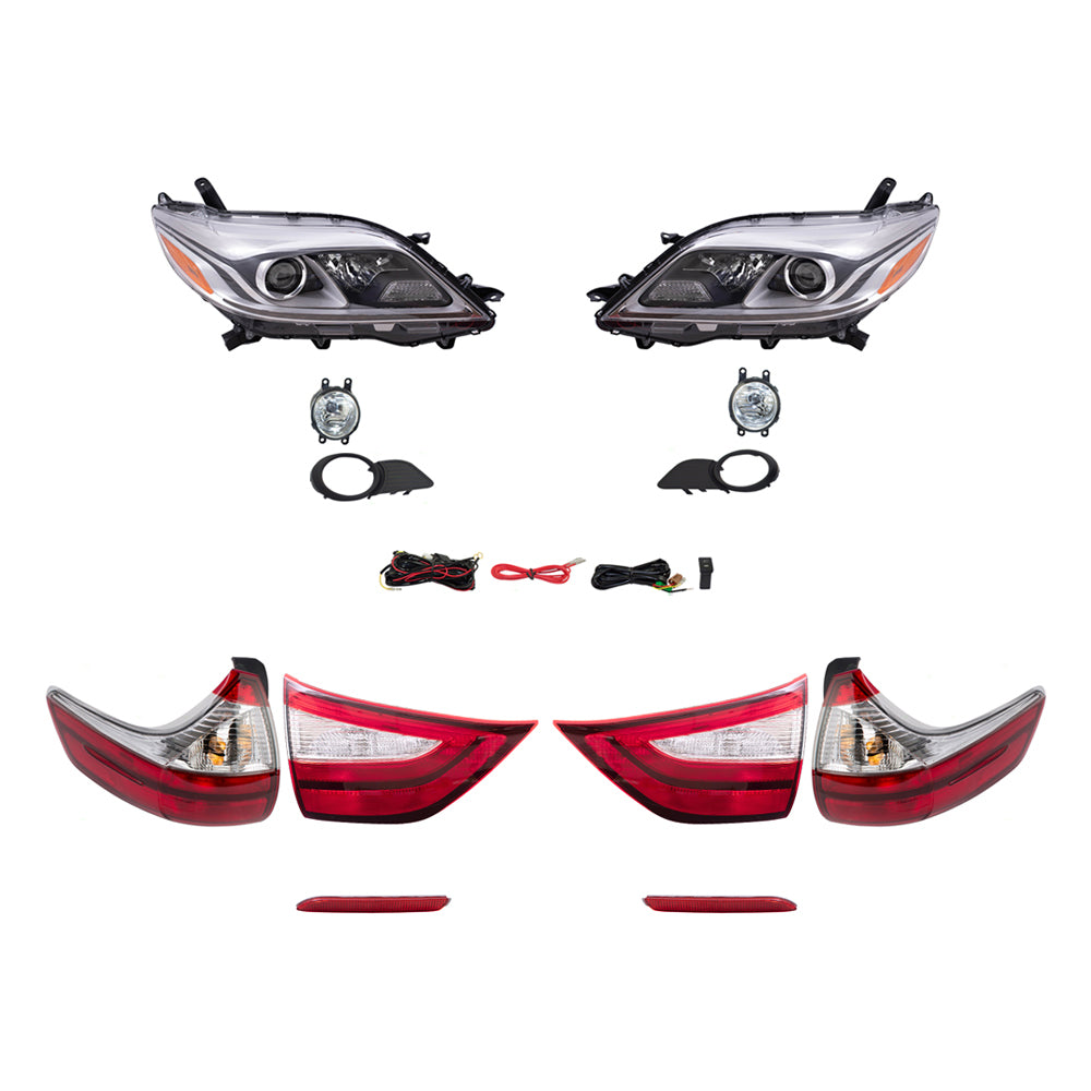 Brock Aftermarket Replacement Part Driver & Passenger Side Headlights w/LED DRLs, Tail Lights, Fog Lights, & Rear Reflectors Set Compatible with 2015-2017 Toyota Sienna EXCEPT SE