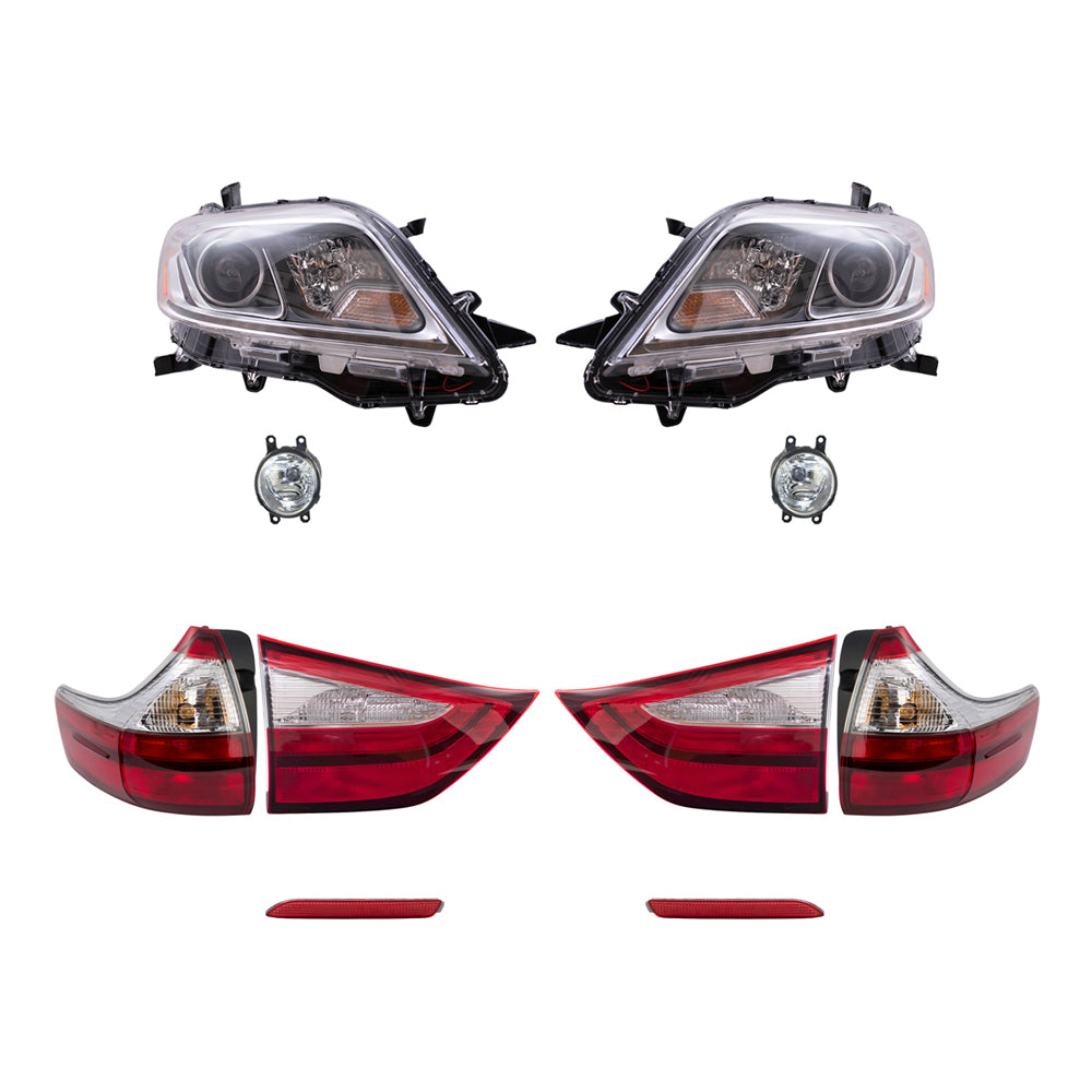 Brock Aftermarket Replacement Part Driver & Passenger Side Headlights w/LED DRLs, Tail Lights, Fog Lights, & Rear Reflectors Set Compatible with 2015-2017 Toyota Sienna EXCEPT SE