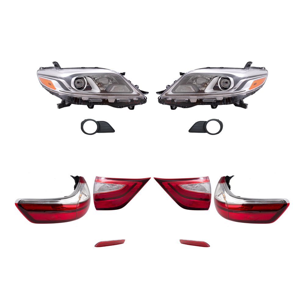 Brock Aftermarket Replacement Part Driver & Passenger Side Headlights w/LED DRLs, Tail Lights, Fog Lights, & Rear Reflectors Set Compatible with 2015-2017 Toyota Sienna EXCEPT SE