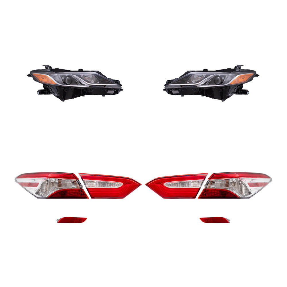 Brock Replacement Headlights, Tail Lights Quarter Mounted & Lid Mounted, and Bumper Reflectors 8 Piece Set Compatible with 2019-2020 Camry L/LE & 2019 Camry Hybrid LE & 2020 Camry Hybrid SE