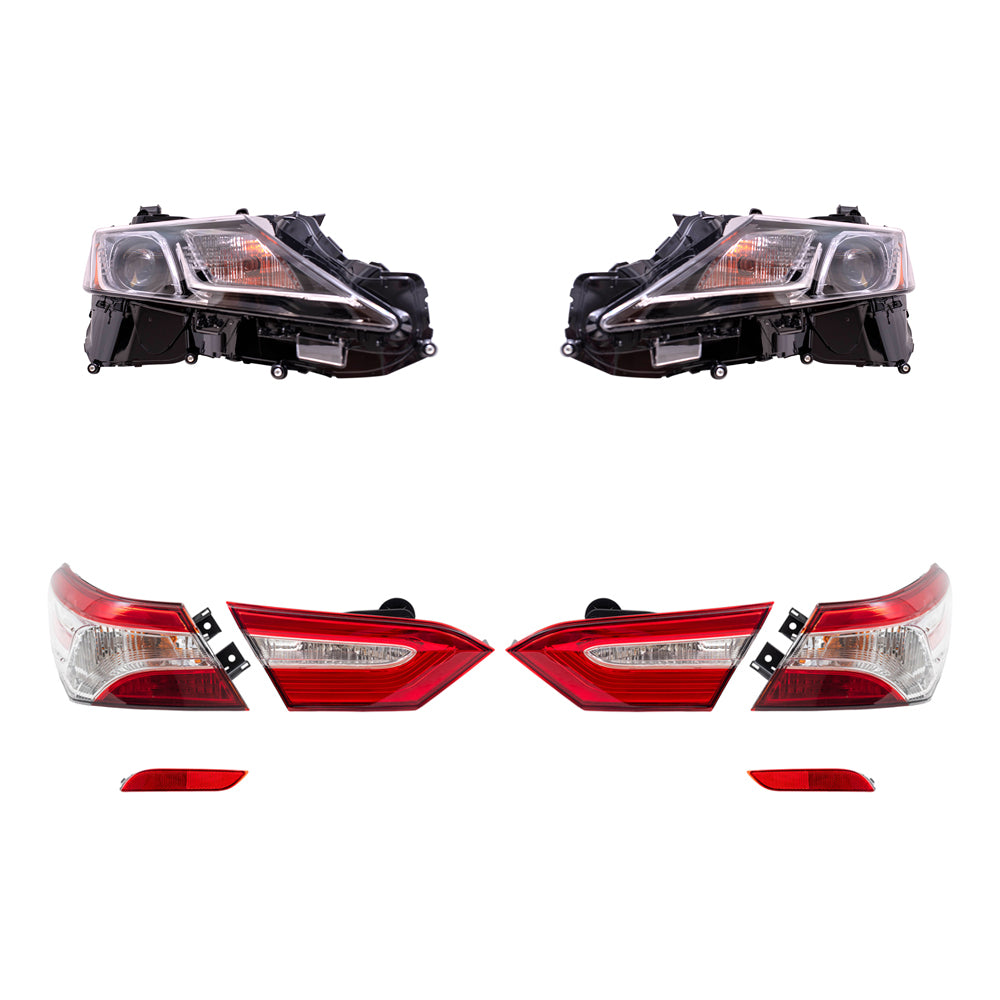 Brock Replacement Headlights, Tail Lights Quarter Mounted & Lid Mounted, and Bumper Reflectors 8 Piece Set Compatible with 2019-2020 Camry L/LE & 2019 Camry Hybrid LE & 2020 Camry Hybrid SE