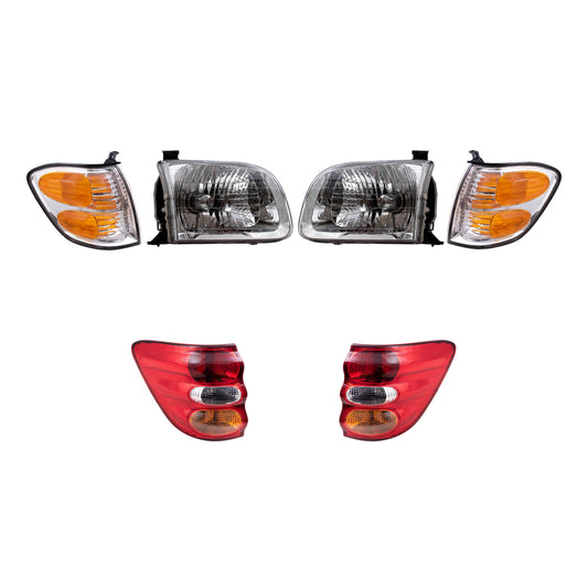 Brock Replacement Driver and Passenger Side Halogen Headlight Assemblies, Signal Light Assemblies and Tail Light Assemblies 6 Piece Set Compatible with 2001-2004 Sequoia