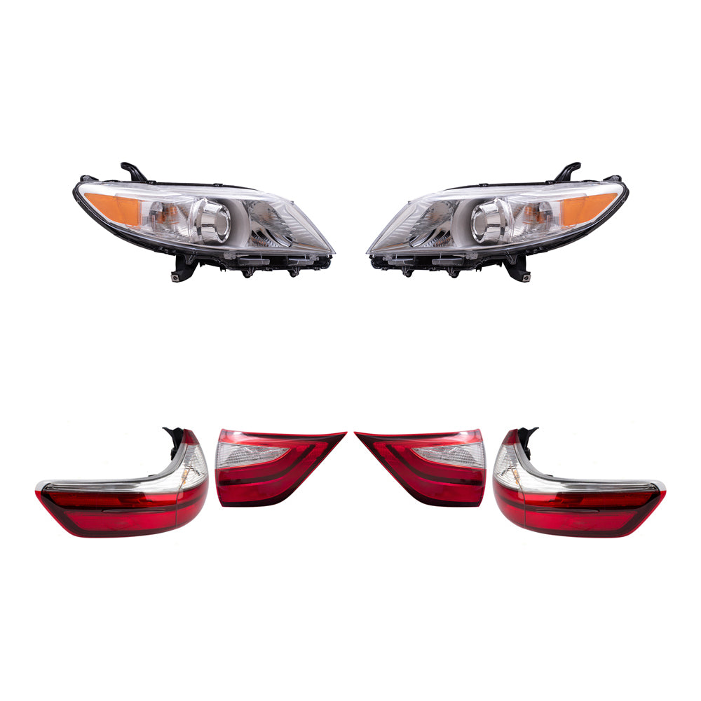 Brock Aftermarket Replacement Part Set of Halogen Combination Headlights w/o LED Daytime Running lights & Tail Lights Quarter & Liftgate Mounted Compatible with 2015-2019 Toyota Sienna EXCEPT SE