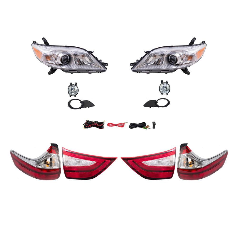 Brock Aftermarket Replacement Part Set of Headlights w/o LED Daytime Running light, & Fog Lights Kit, & Tail Lights Quarter & Liftgate Mounted Set Compatible with 2015-2017 Toyota Sienna EXCEPT SE