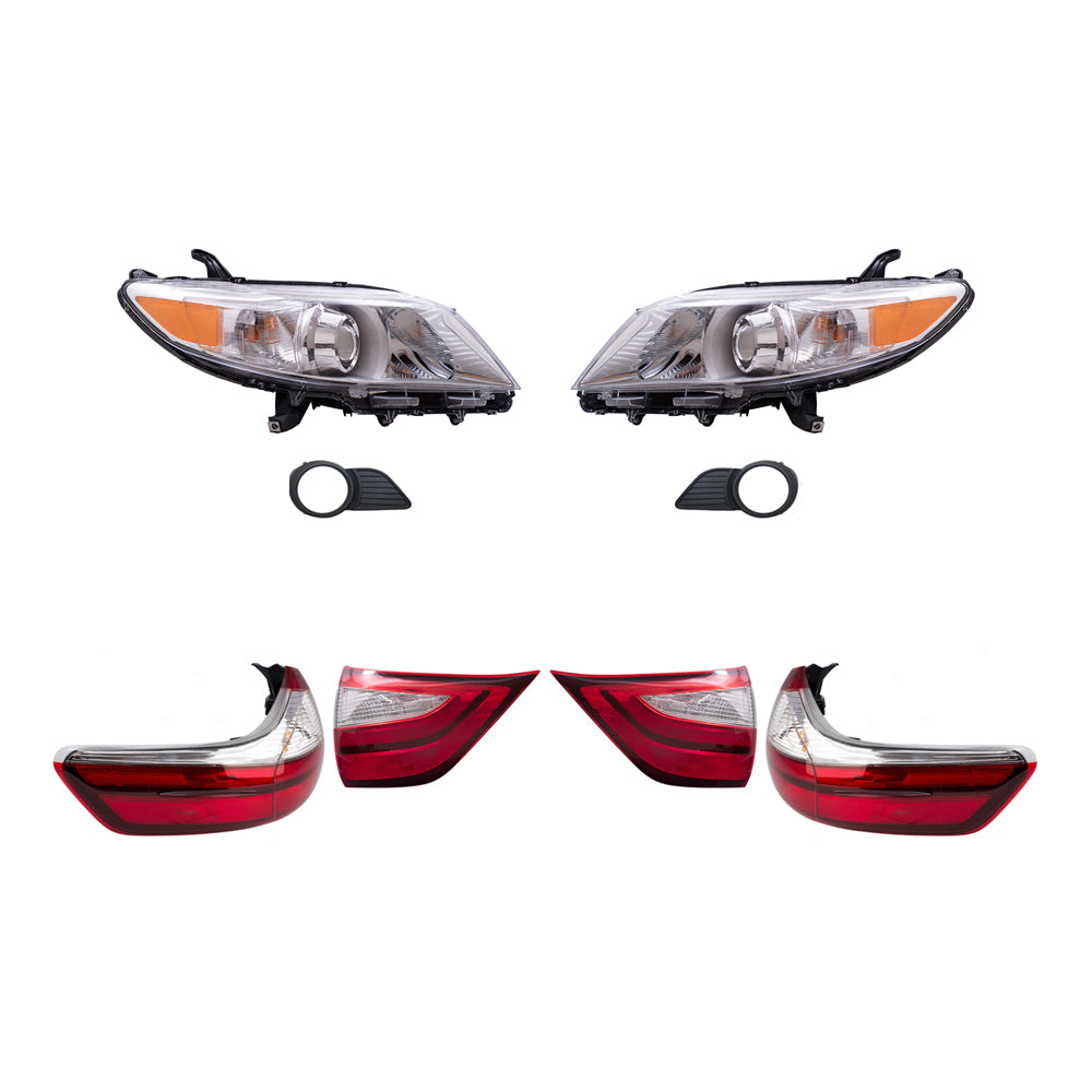Brock Aftermarket Replacement Part Set of Headlights w/o LED Daytime Running light, & Fog Lights Kit, & Tail Lights Quarter & Liftgate Mounted Set Compatible with 2015-2017 Toyota Sienna EXCEPT SE