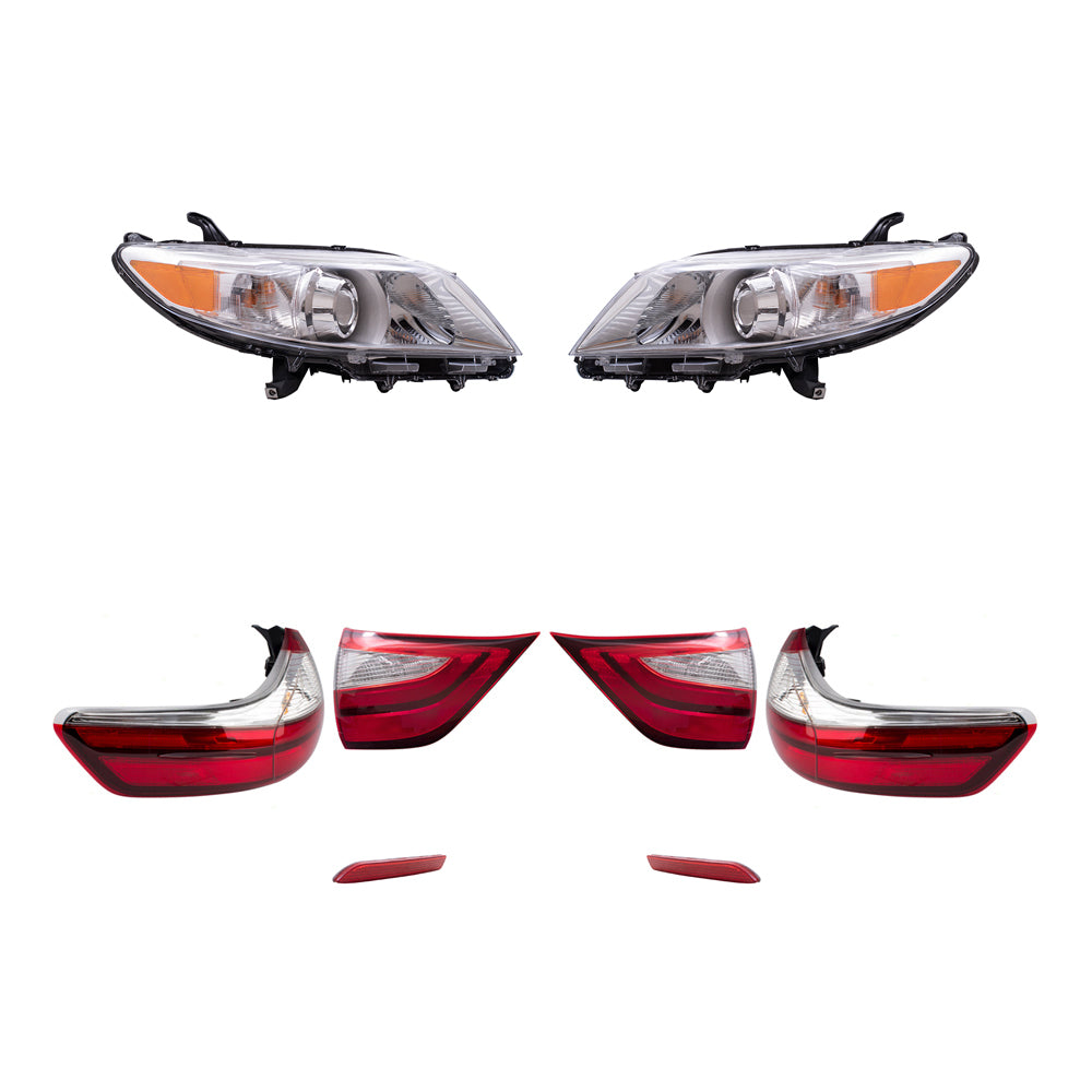 Brock Aftermarket Replacement Part Set of Headlights w/o LED Daytime Running light, Tail Lights Quarter & Liftgate Mounted, & Rear Bumper Reflectors Compatible with 2015-2019 Toyota Sienna EXCEPT SE