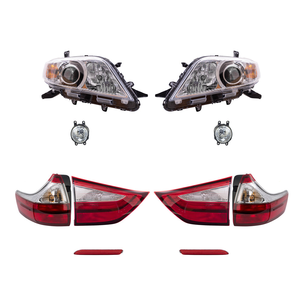 Brock Aftermarket Replacement Part Set of Headlights w/o LED Daytime Running light, Fog Lights Kit, Tail Lights, & Rear Bumper Reflectors Set Compatible with 2015-2017 Toyota Sienna EXCEPT SE