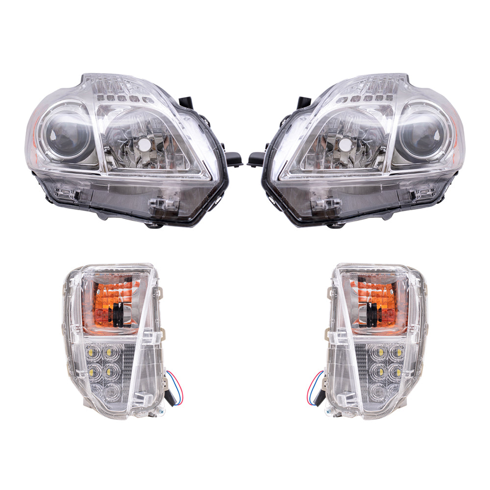 Brock Replacement Driver and Passenger Side Headlights and Turn Signal Lights with Daytime Running Lights 4 Piece Set Compatible with 2012-2015 Prius
