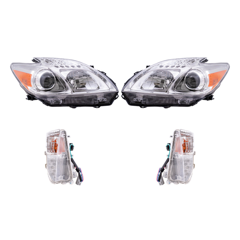 Brock Replacement Driver and Passenger Side Headlights and Turn Signal Lights with Daytime Running Lights 4 Piece Set Compatible with 2012-2015 Prius