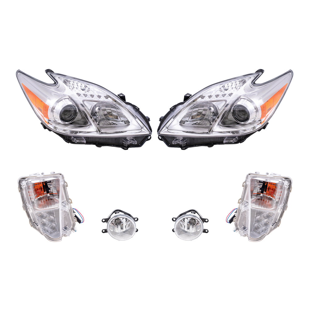 Brock Replacement Driver and Passenger Side Headlights, Turn Signal Lights and Fog Lights 6 Piece Set Compatible with 2012-2014 Prius Built through 10/31/13 ONLY