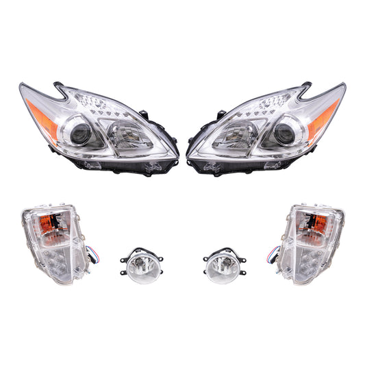 Brock Replacement Driver and Passenger Side Headlights, Turn Signal Lights and Fog Lights 6 Piece Set Compatible with 2012-2014 Prius Built through 10/31/13 ONLY