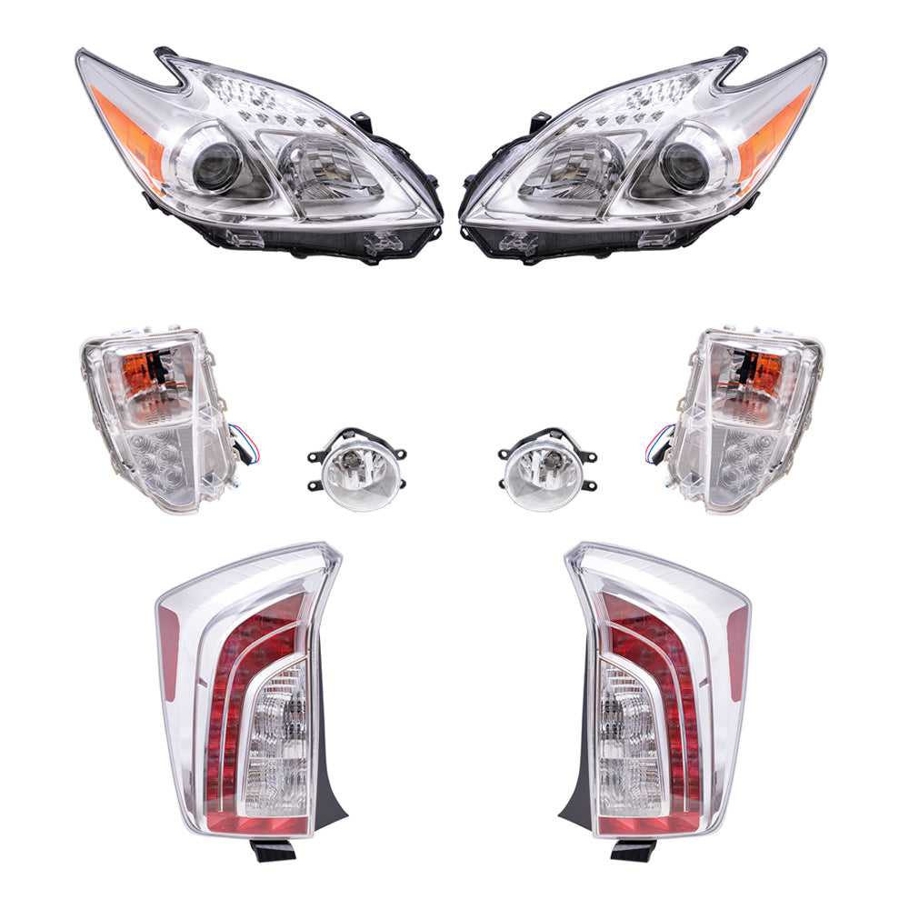 Brock Replacement Driver and Passenger Side Headlights, Turn Signal Lights, Fog Lights and Tail Lights 8 Piece Set Compatible with 2012-2014 Prius Built through 10/31/13 ONLY