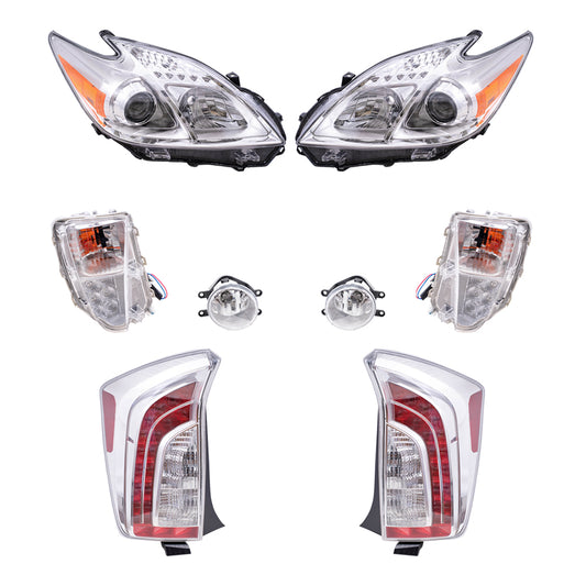 Brock Replacement Driver and Passenger Side Headlights, Turn Signal Lights, Fog Lights and Tail Lights 8 Piece Set Compatible with 2012-2014 Prius Built through 10/31/13 ONLY