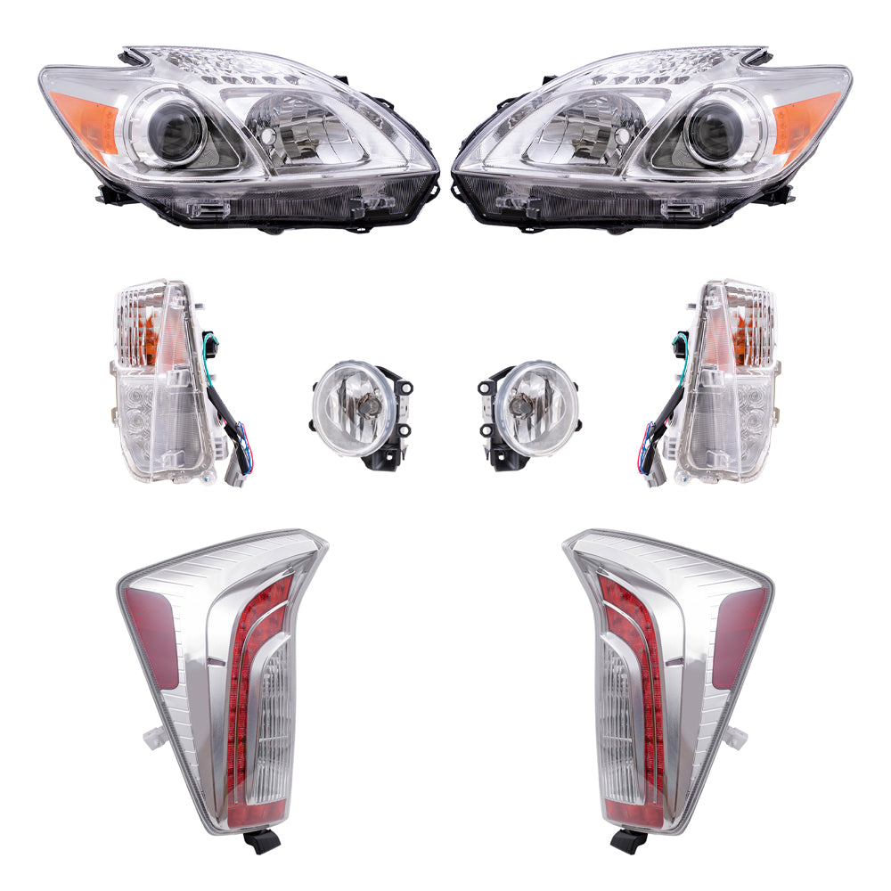 Brock Replacement Driver and Passenger Side Headlights, Turn Signal Lights, Fog Lights and Tail Lights 8 Piece Set Compatible with 2012-2014 Prius Built through 10/31/13 ONLY