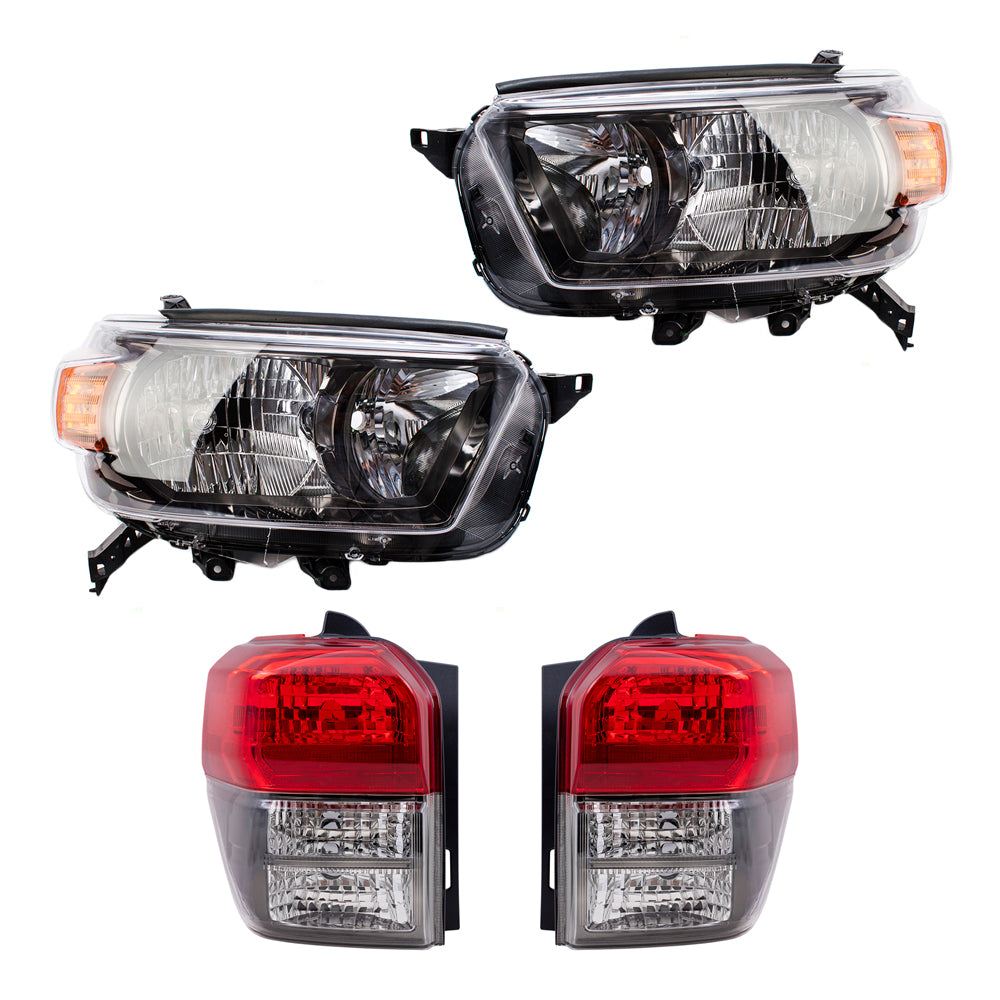Brock Replacement Halogen Combination Headlight W/ Black Bezel and Tail Light W/ Smoked Bezel 4 Piece Set Compatible with 10-13 4Runner